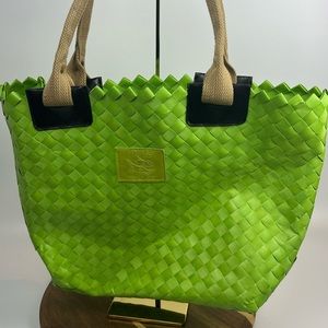 Travel tote bag from Cozumel Mexico. Woven PVC material. Bright green.